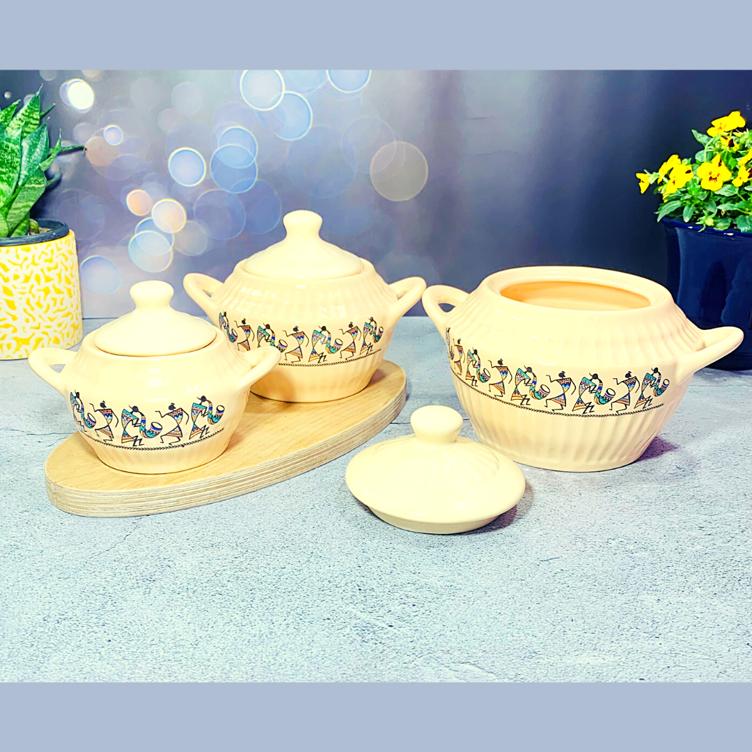 Homefrills Ceramic 3 Pcs Egyptian Design Handprinted Multipurpose Storage Ceramic Jars & Containers/Casseroles/Donga/Serving Bowl with Lid Microwave Dishwasher Safe- Set of 3 Colour- Ivory